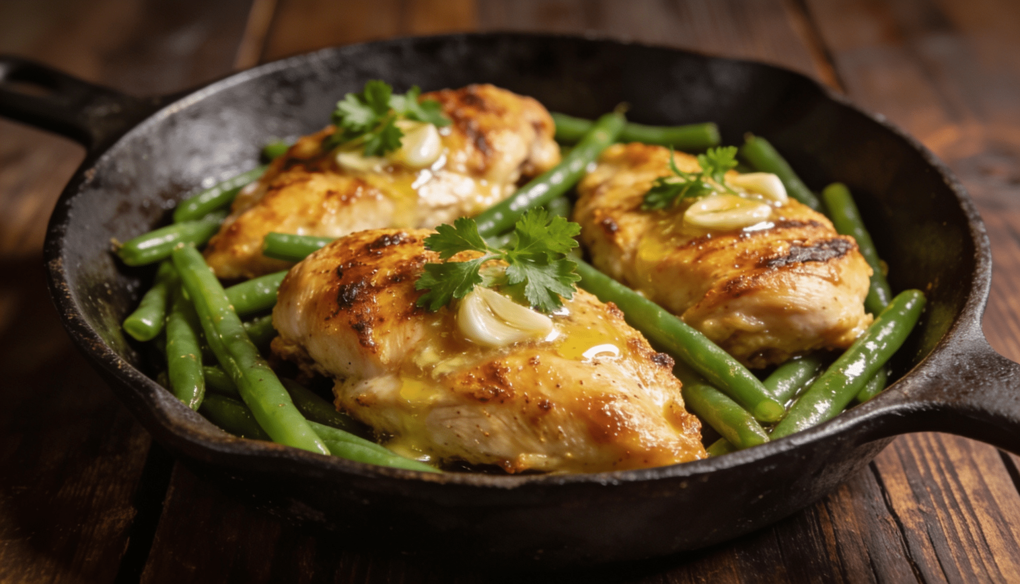 garlic butter chicken and green beans skillet in a cast iron pan with golden seared chicken, garlic, and fresh herbs garnish