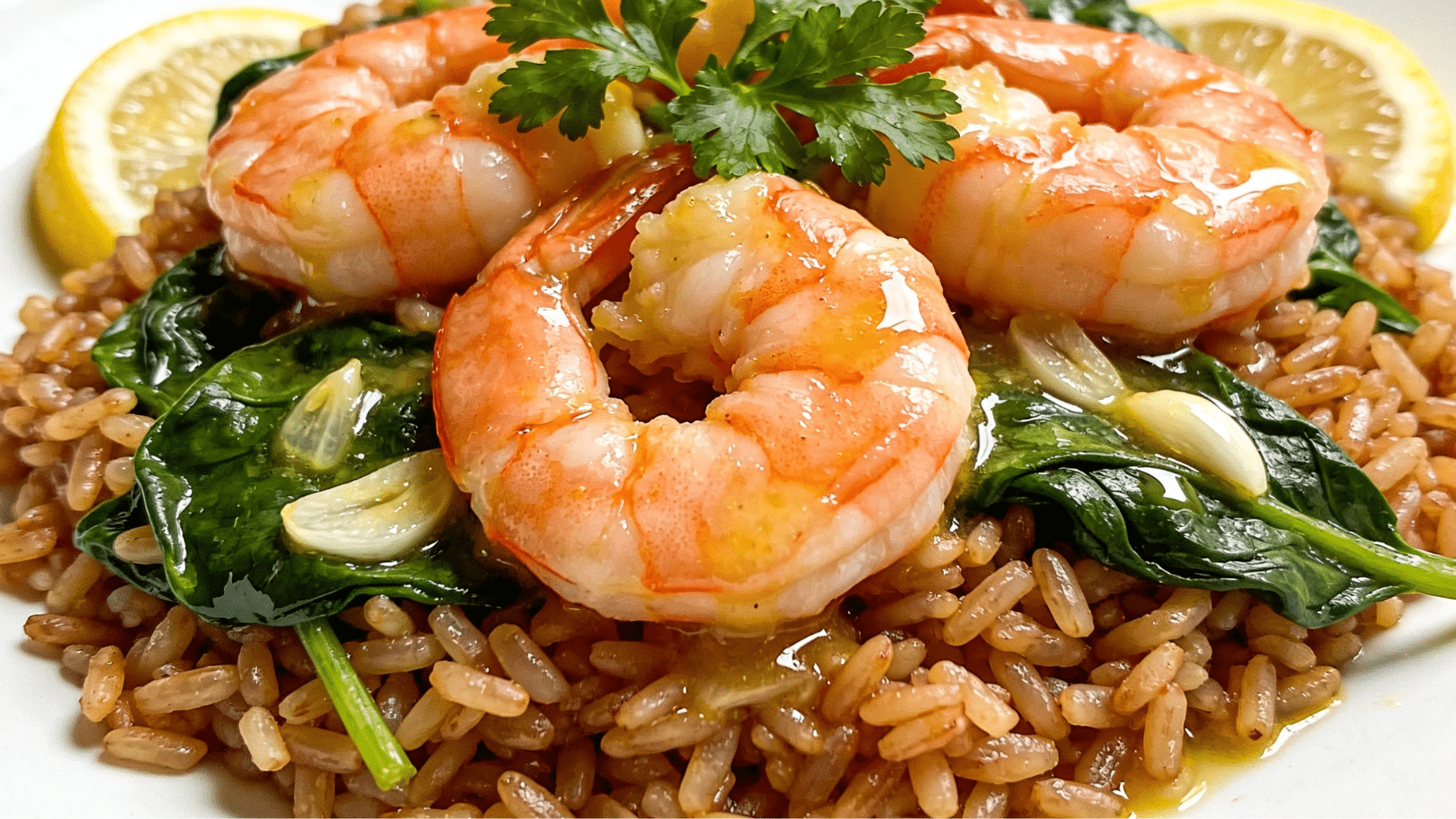 garlic butter shrimp served over brown rice with spinach parsley and lemon
