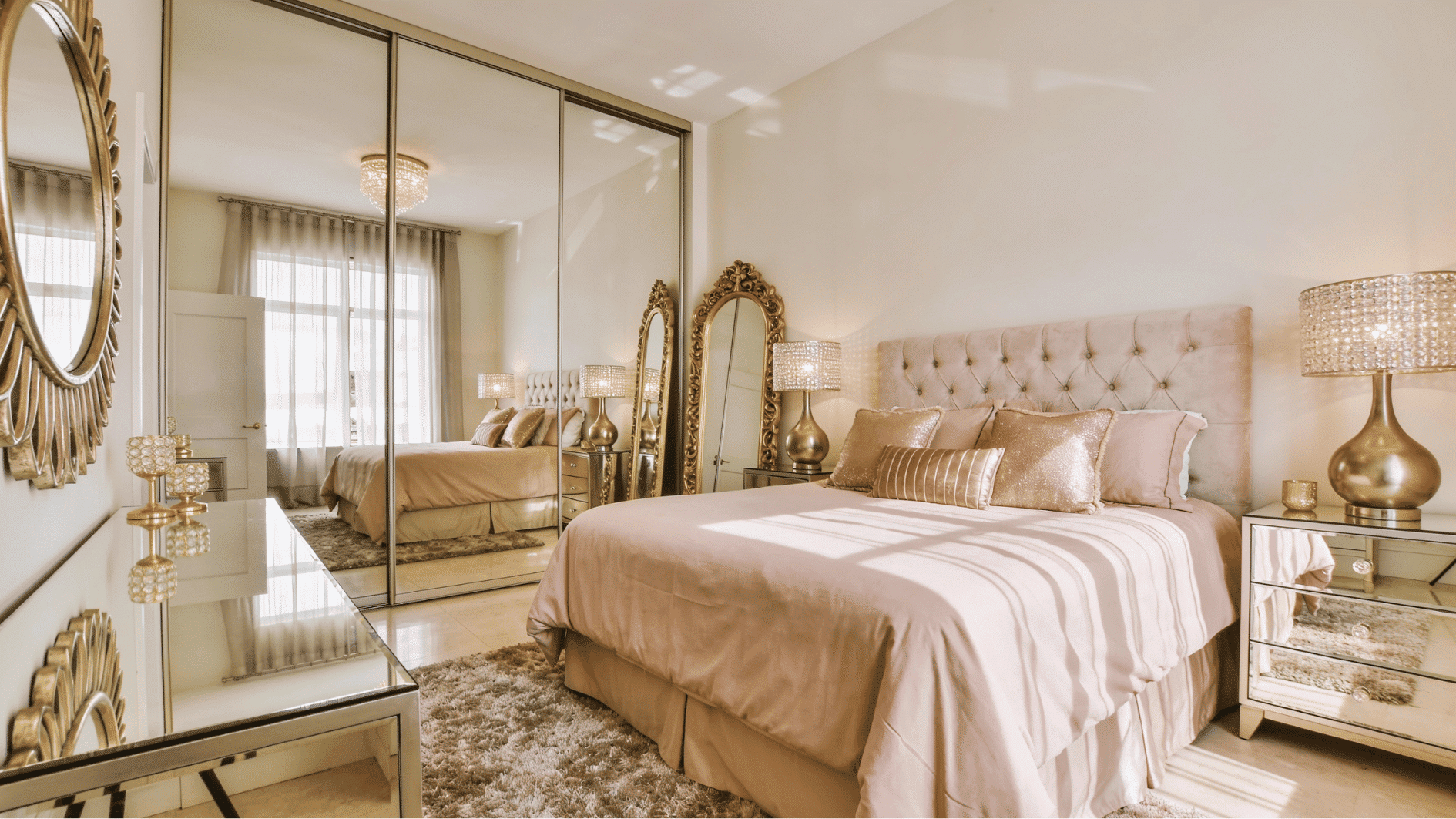 glamorous master bedroom with mirrored wardrobe wall gold floor mirror metallic lamps and blush upholstered bed