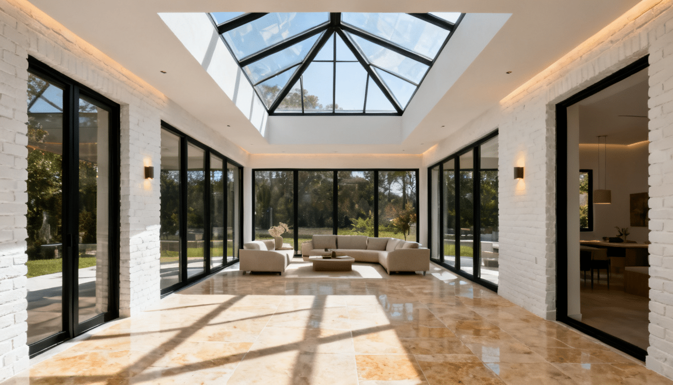 glass-enclosed sunroom addition with black-framed windows, skylight ceiling, and bright backyard-facing seating area
