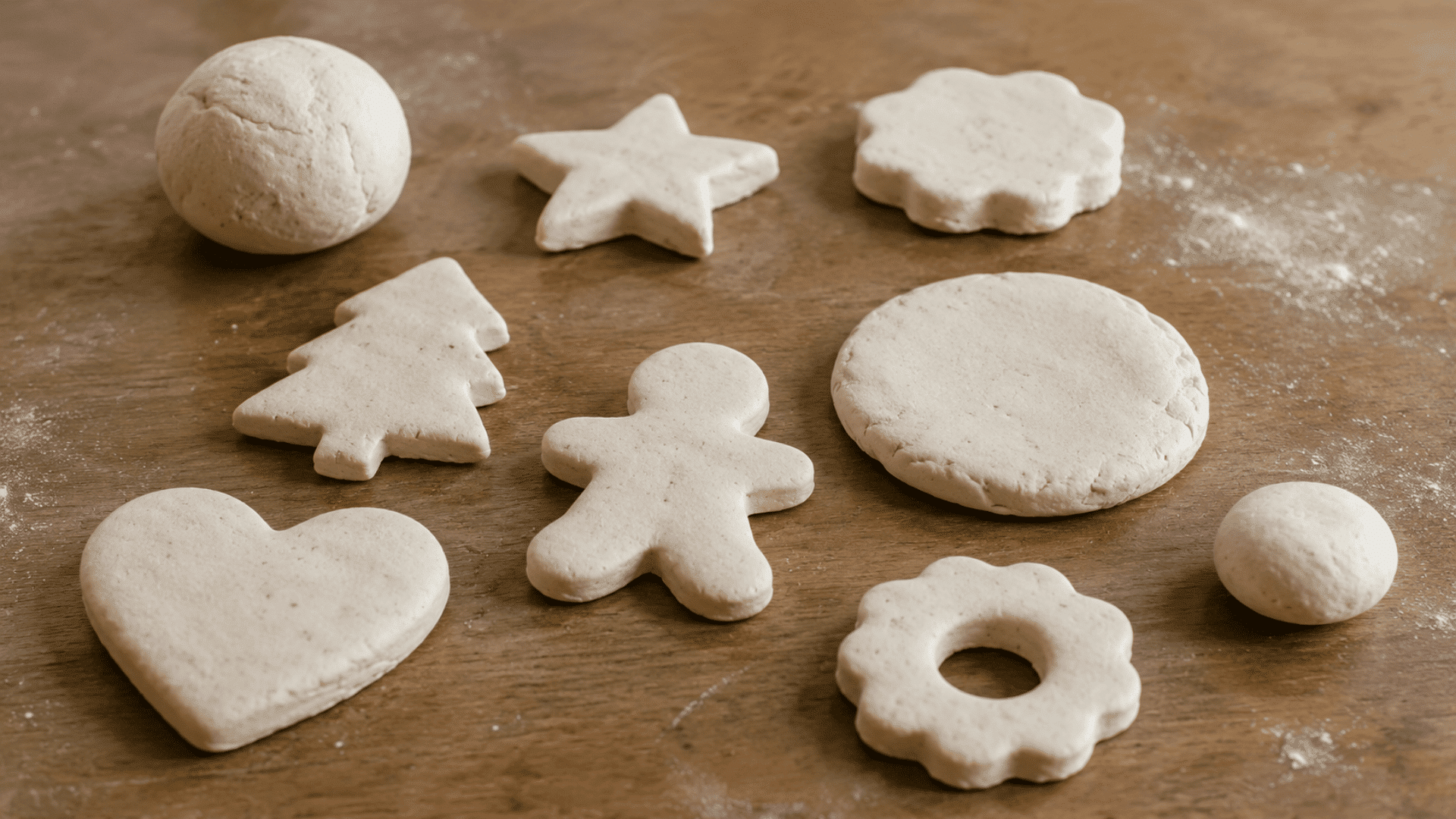 glue and cornstarch air dry clay designs kept on a wooden table in different shapes and sizes with minimal details