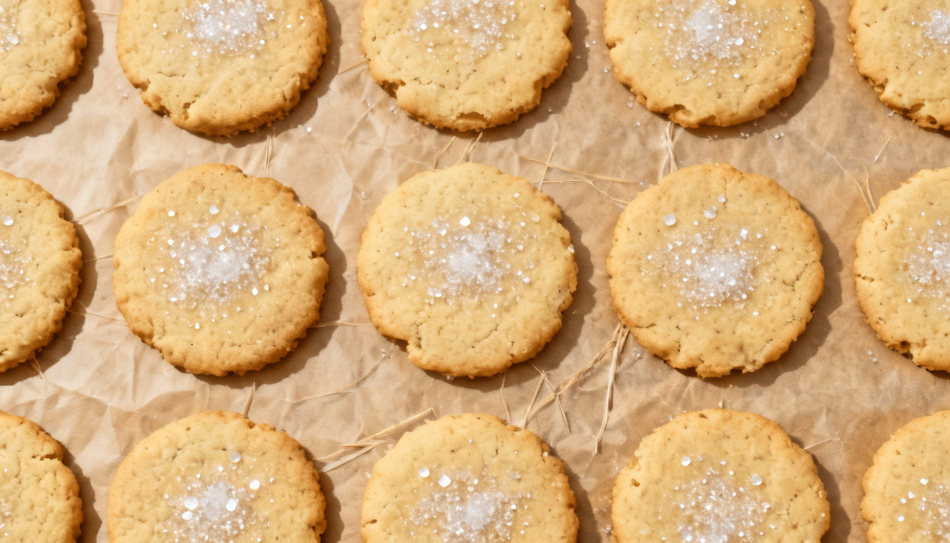 gluten free coconut flour sugar cookies dusted with sweetener on parchment paper with a lightly golden baked finish