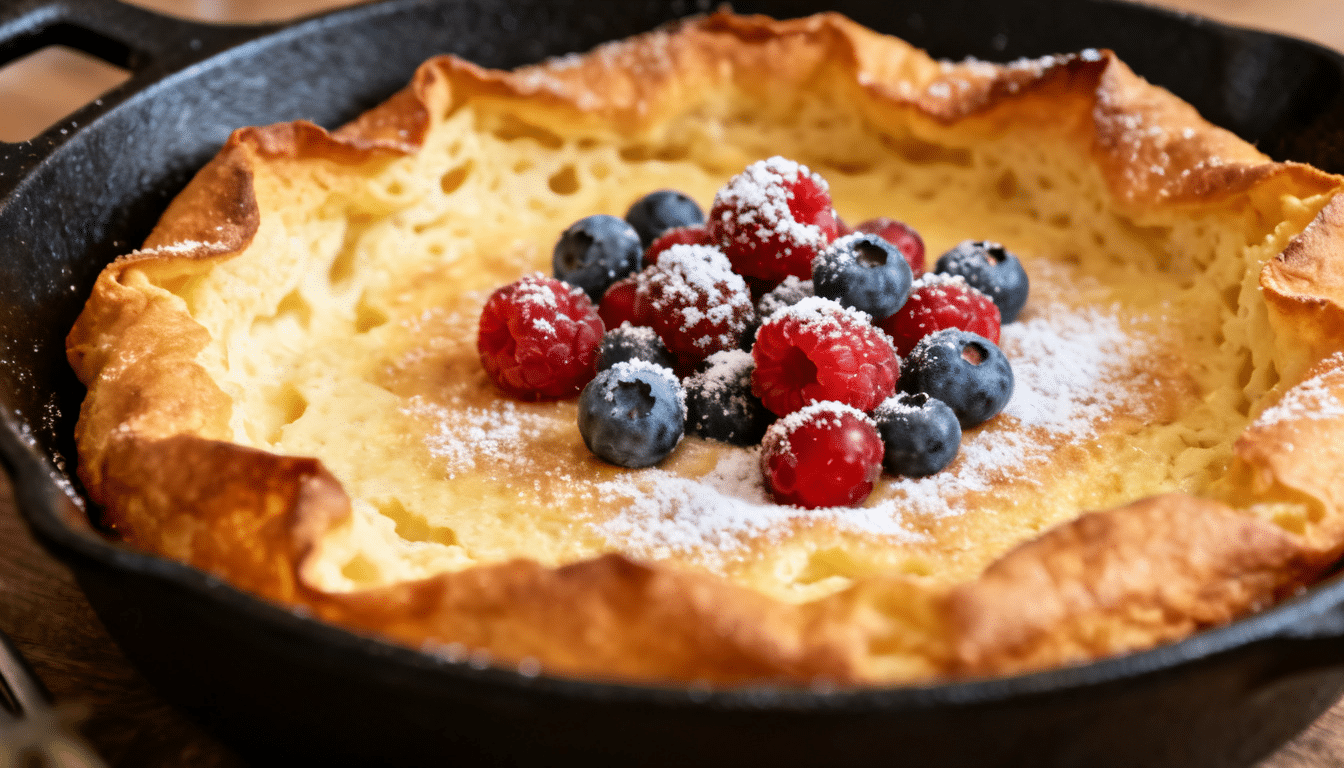 gluten free dutch baby pancake topped with fresh berries and powdered sugar in cast iron skillet