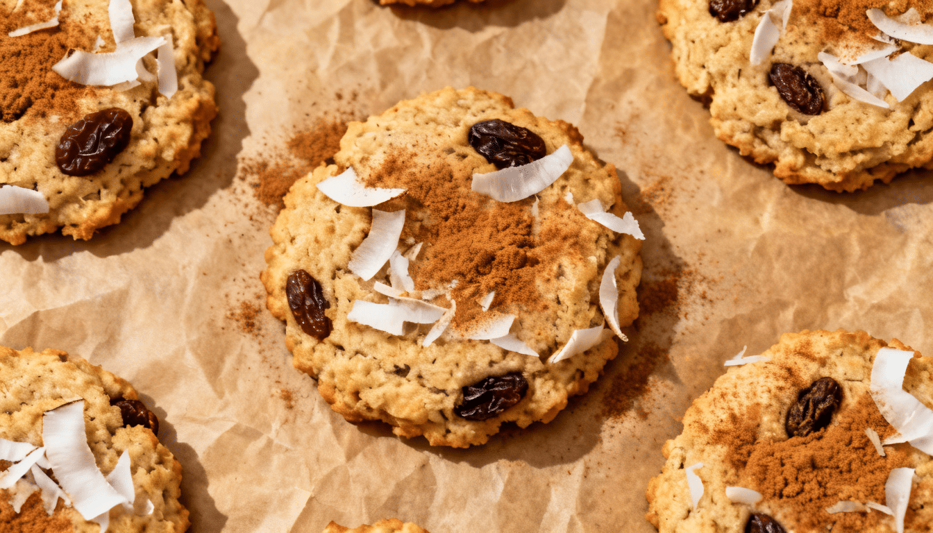 gluten free oatmeal style coconut flour cookies with raisins, cinnamon, and coconut flakes on parchment paper with a golden baked texture