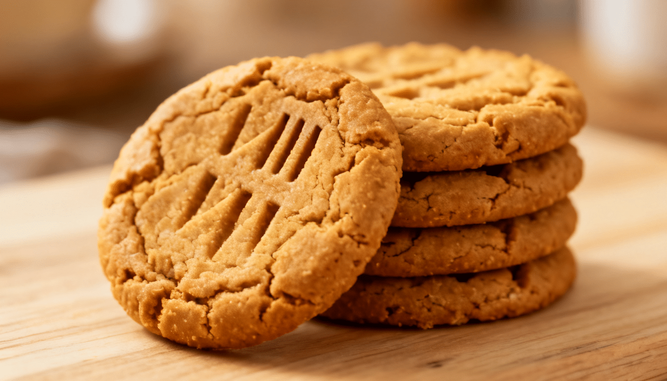 gluten-free peanut butter cookies with classic fork marks stacked on a wooden surface