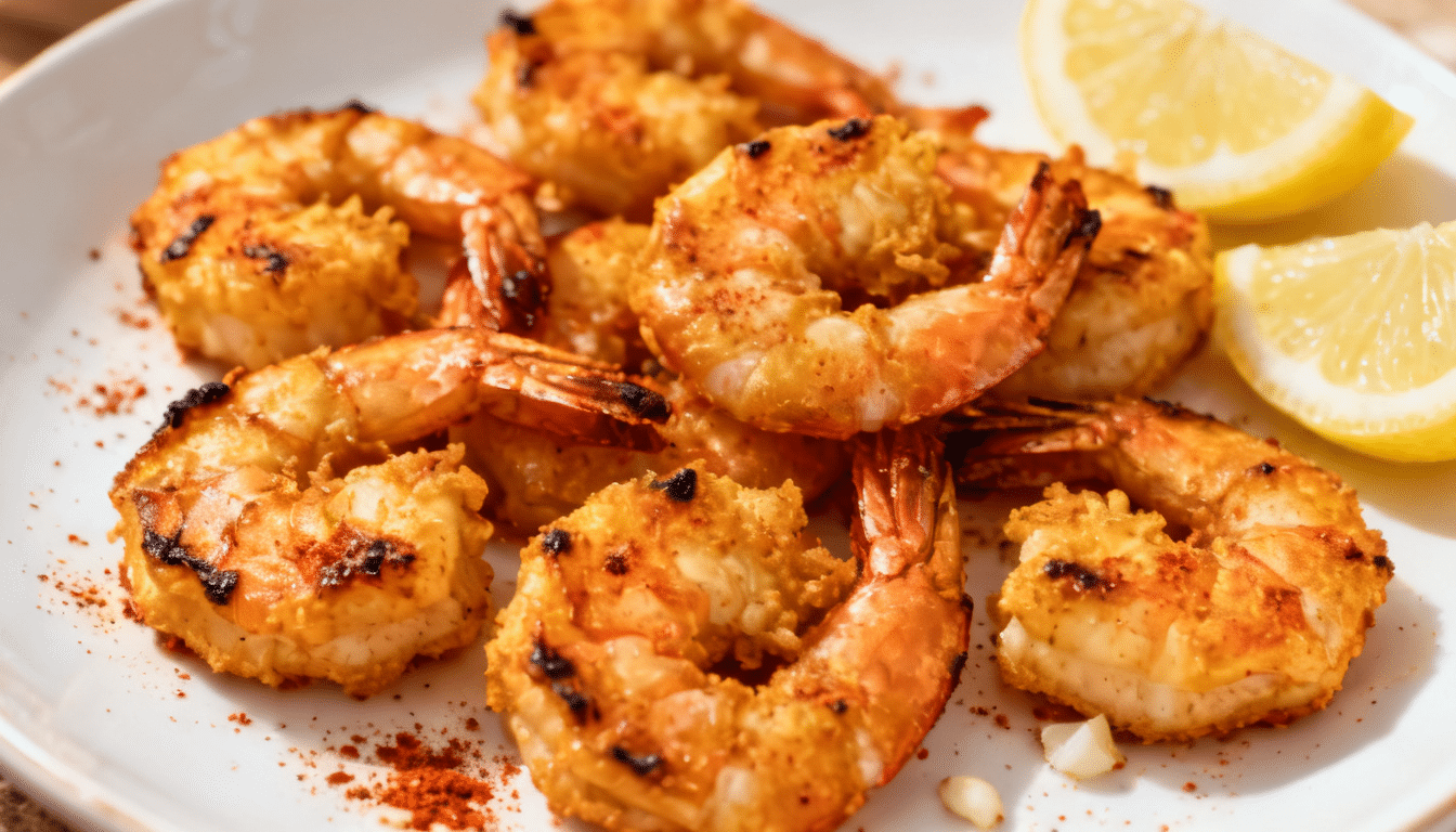golden air fryer shrimp with crispy seasoning, served on a white plate with lemon wedges and a light paprika garnish