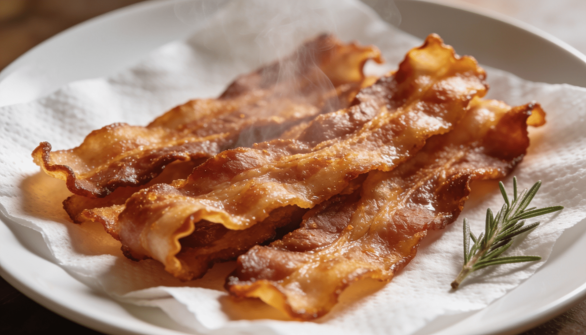 golden-brown bacon strips on a white plate with steam rising, served on paper towel with a rosemary garnish on the side