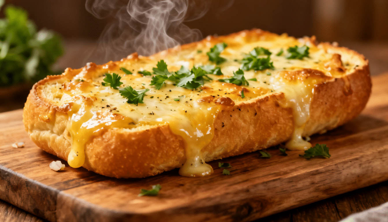 golden cheesy garlic bread topped with melted mozzarella and herbs, served on a wooden board with steam rising from the bread