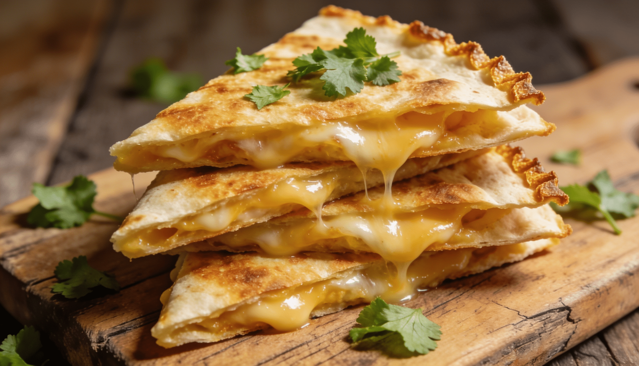 golden crispy cheese quesadillas stacked on a rustic wooden board with melted cheese filling and fresh cilantro garnish on top