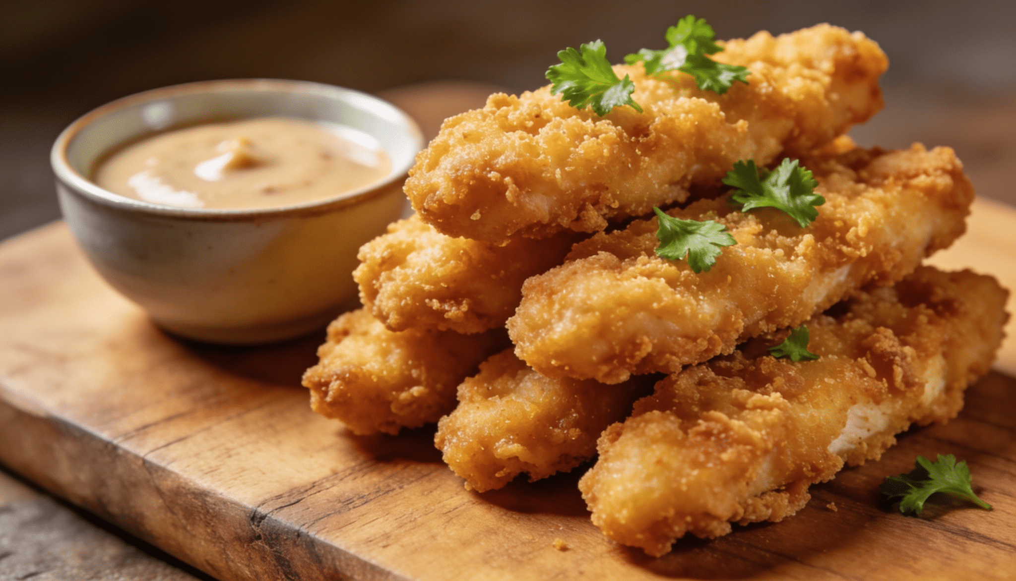 golden crispy chicken tenders stacked on a wooden board with dipping sauce and fresh parsley garnish in the background