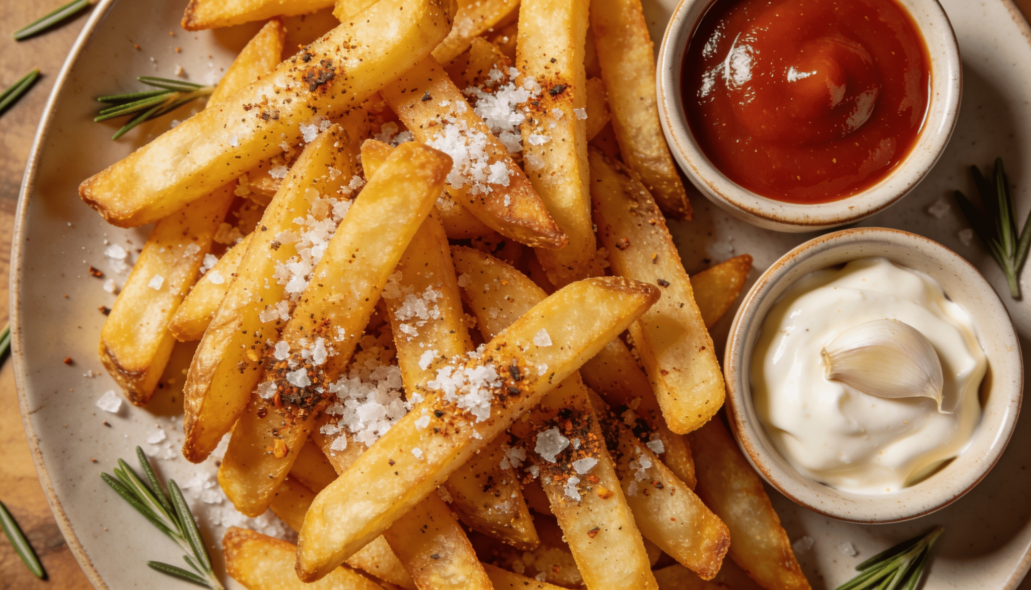 golden crispy french fries topped with coarse salt and seasoning, served with ketchup and garlic dip on a plate