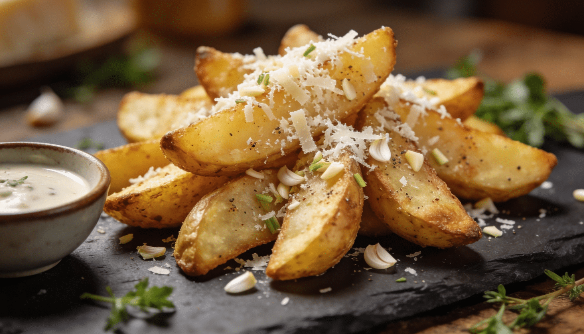 golden crispy potato wedges topped with parmesan cheese, garlic, and herbs, served with creamy dipping sauce on a slate board