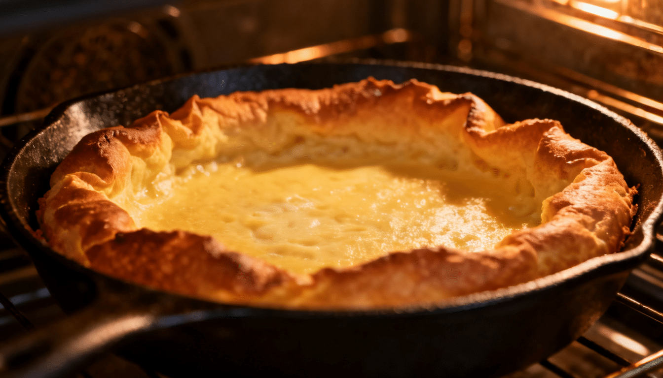 golden dutch baby pancake puffing up in cast iron skillet while baking in oven