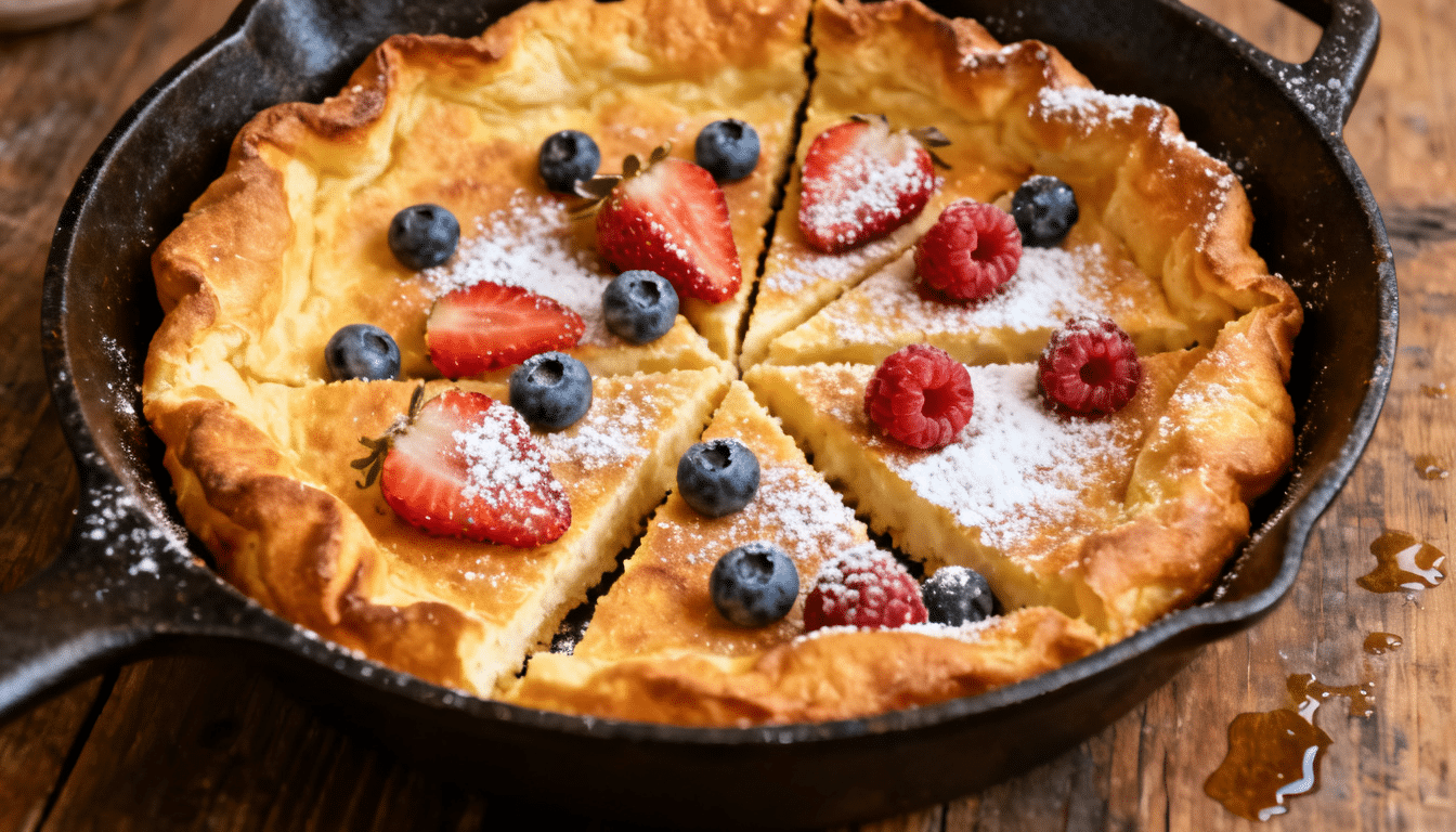 golden dutch baby pancake topped with berries and powdered sugar in cast iron skillet