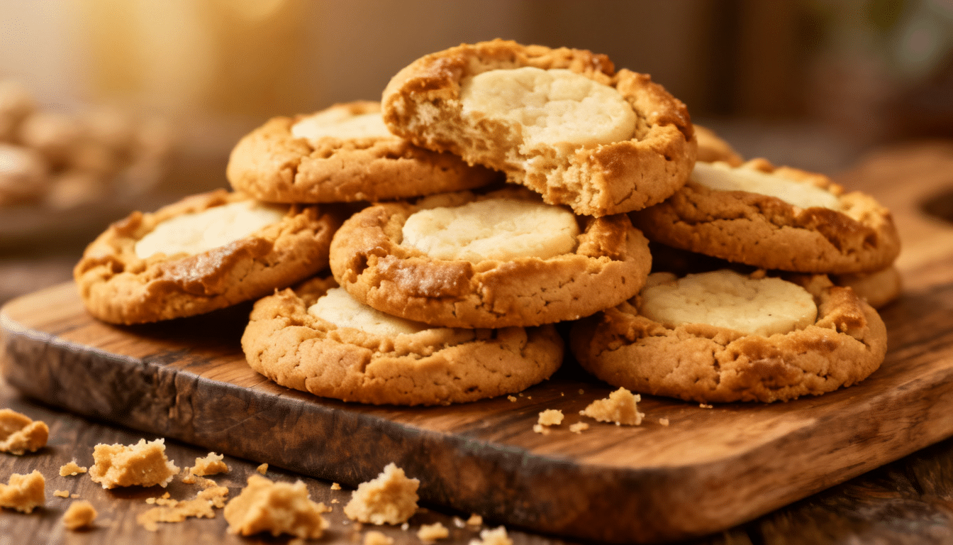 golden peanut butter cookies stacked on a wooden board with crumbs scattered around and a warm blurred background