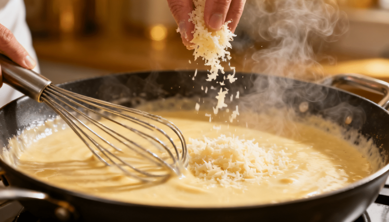 grated parmesan cheese being added to warm alfredo sauce while whisking gently in a skillet with steam rising above the pan