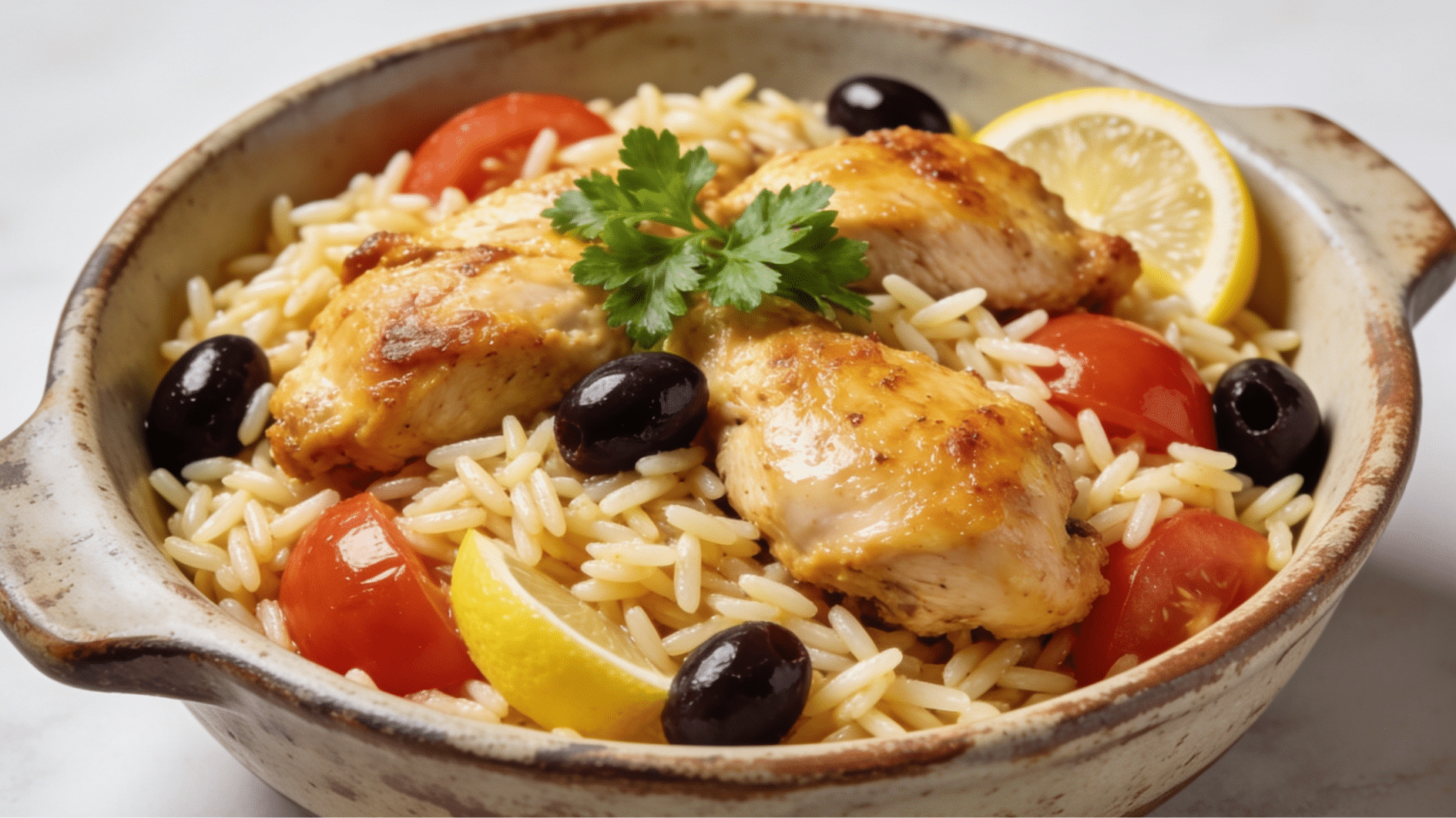 greek chicken and orzo with olives tomatoes parsley lemon and tender chicken in a mediterranean style bowl
