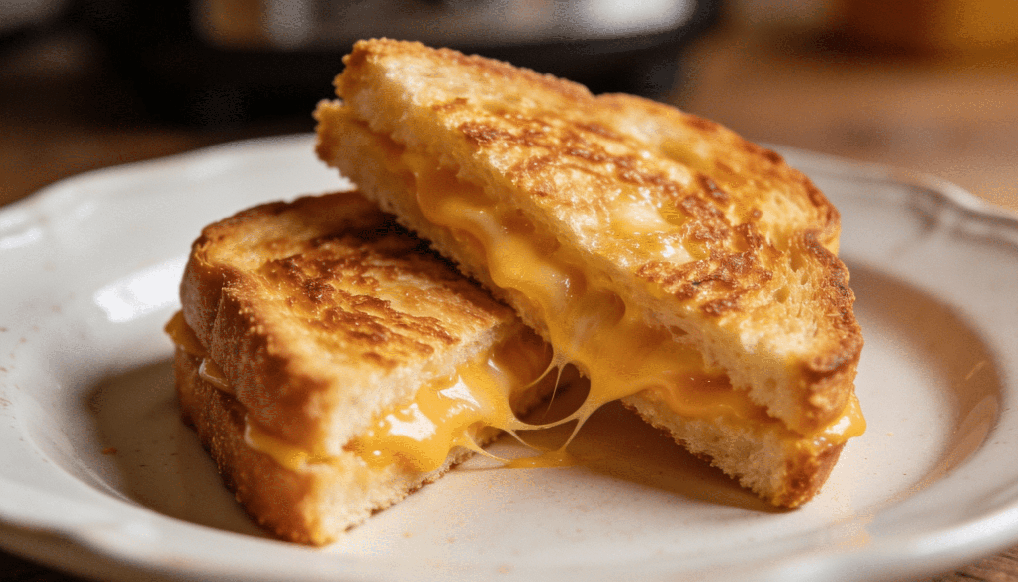 grilled cheese sandwich with melted cheddar cheese between toasted bread slices, served on a white plate with a crispy crust