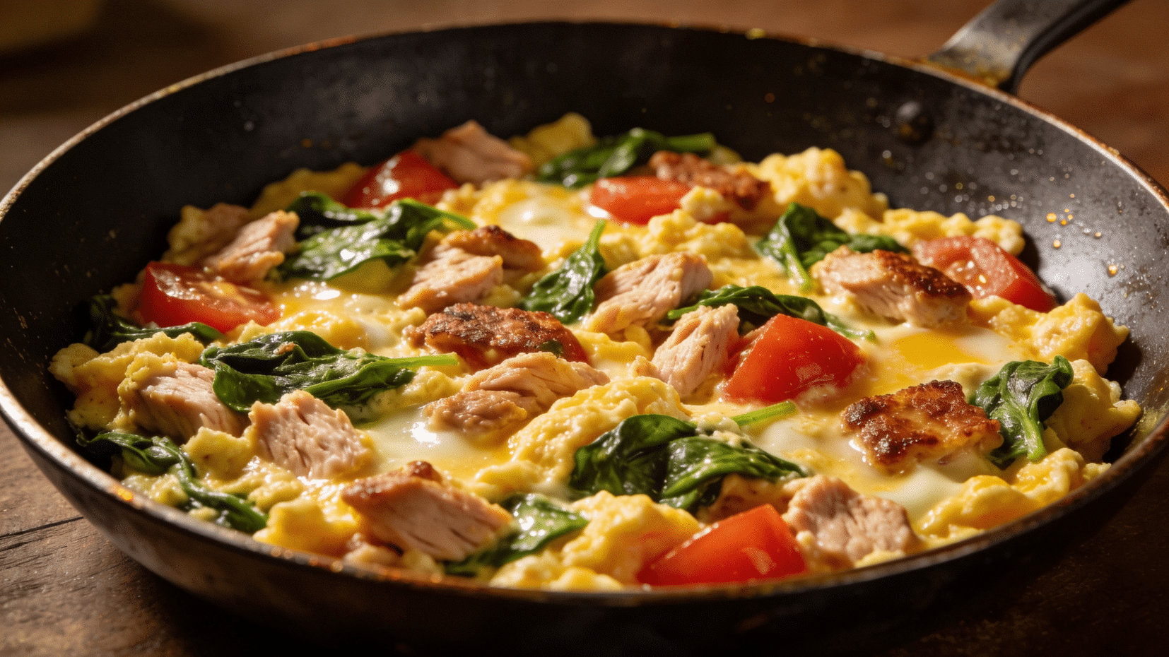 ground turkey and egg scramble with spinach and tomatoes in a pan