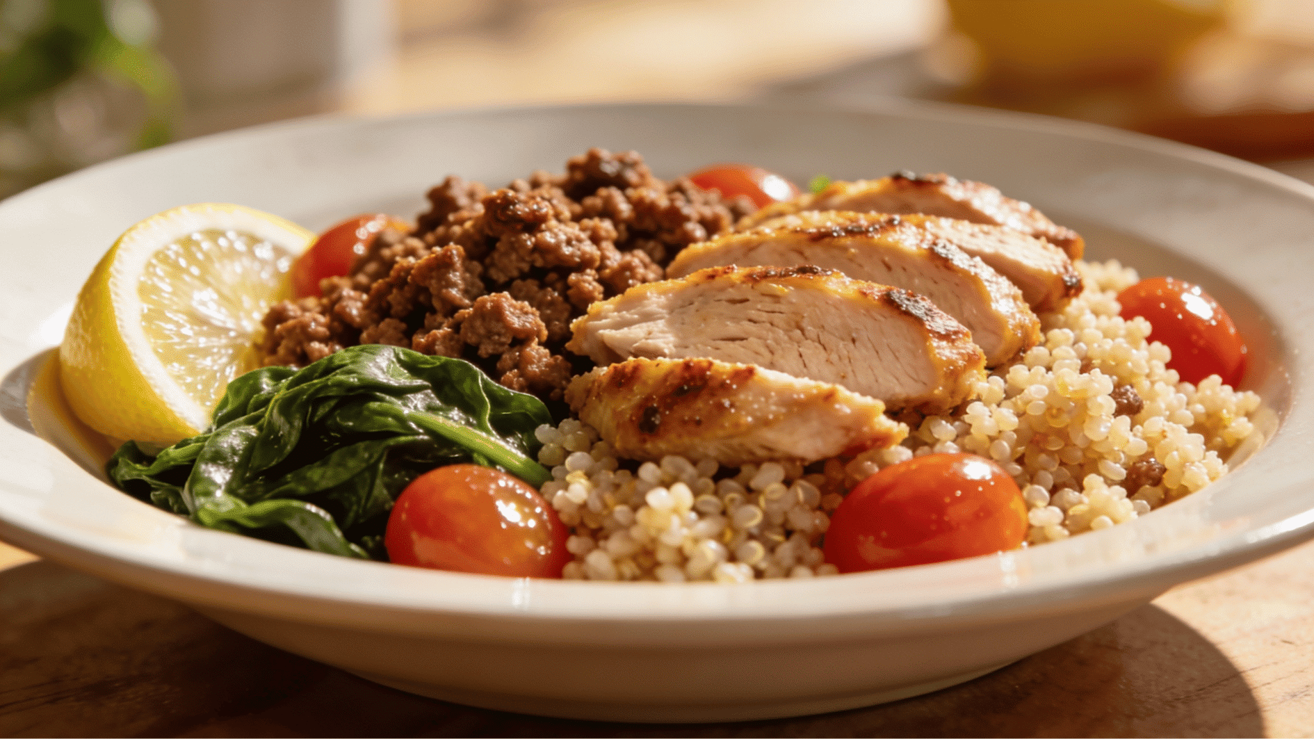 ground turkey quinoa bowl with spinach tomatoes lemon wedge