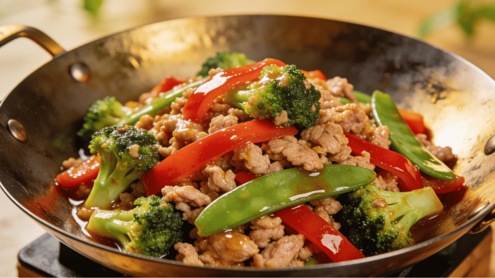 ground turkey stir-fry with broccoli and red pepper in a wok