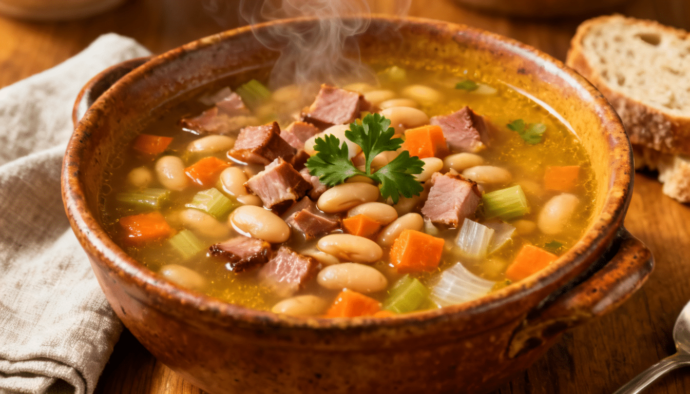 ham and bean soup with diced ham, white beans, carrots, celery, and onions in a steaming rustic bowl with broth