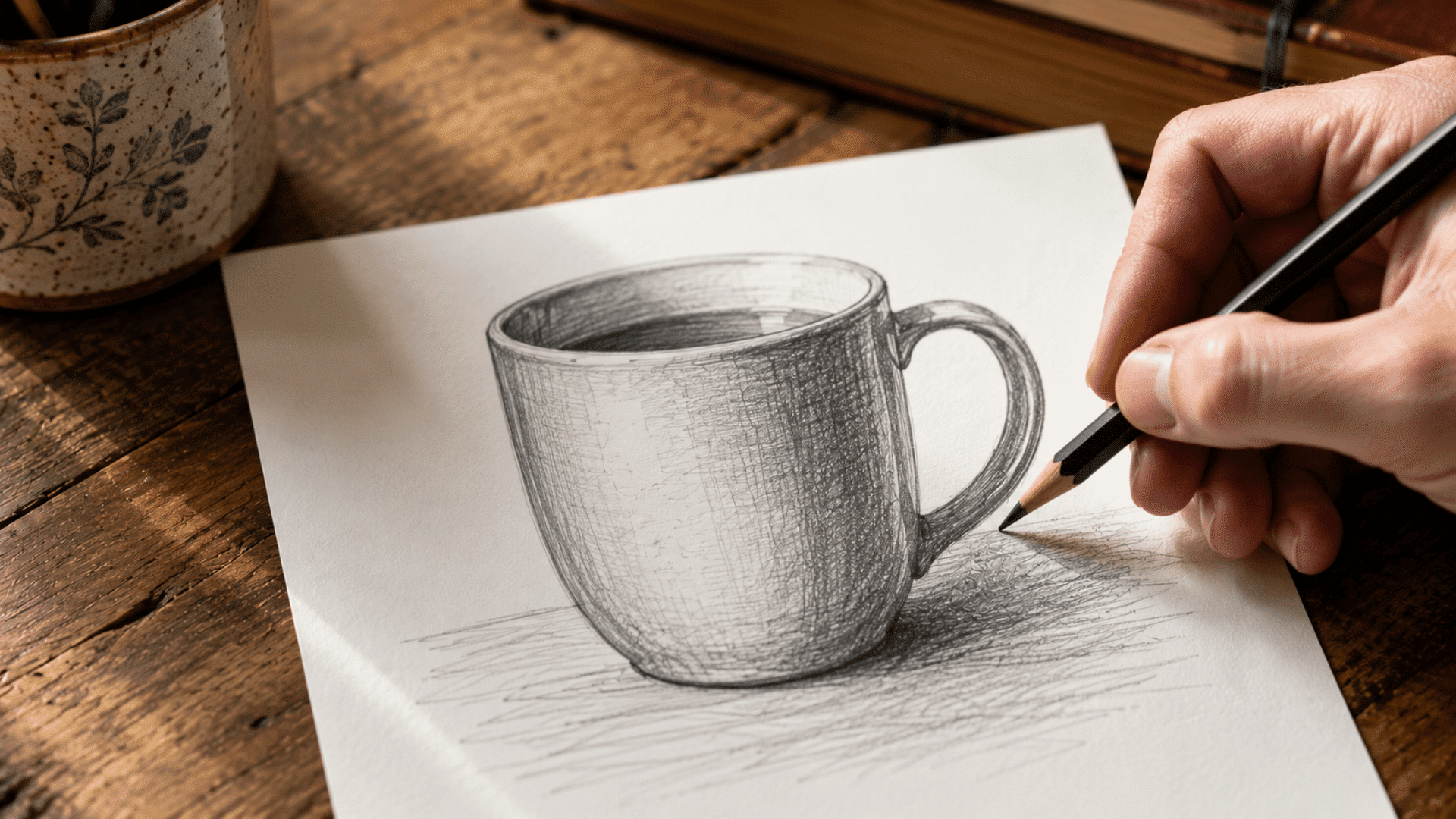 hand drawing a detailed pencil sketch of a coffee mug with shading on white paper