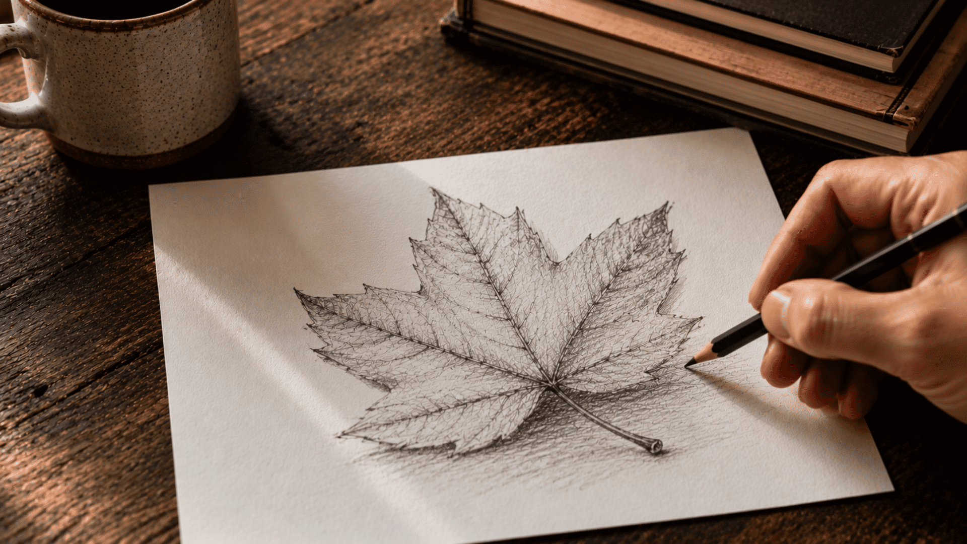 hand drawing a detailed pencil sketch of a leaf with veins on white paper