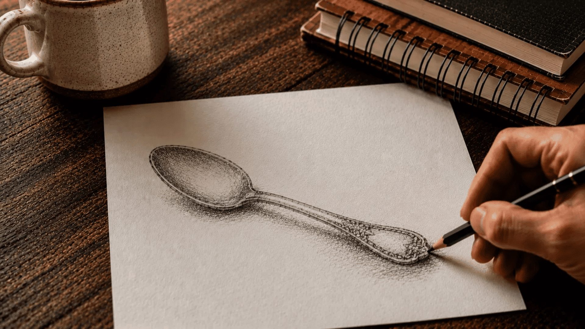hand drawing a detailed pencil sketch of a spoon with shading on white paper