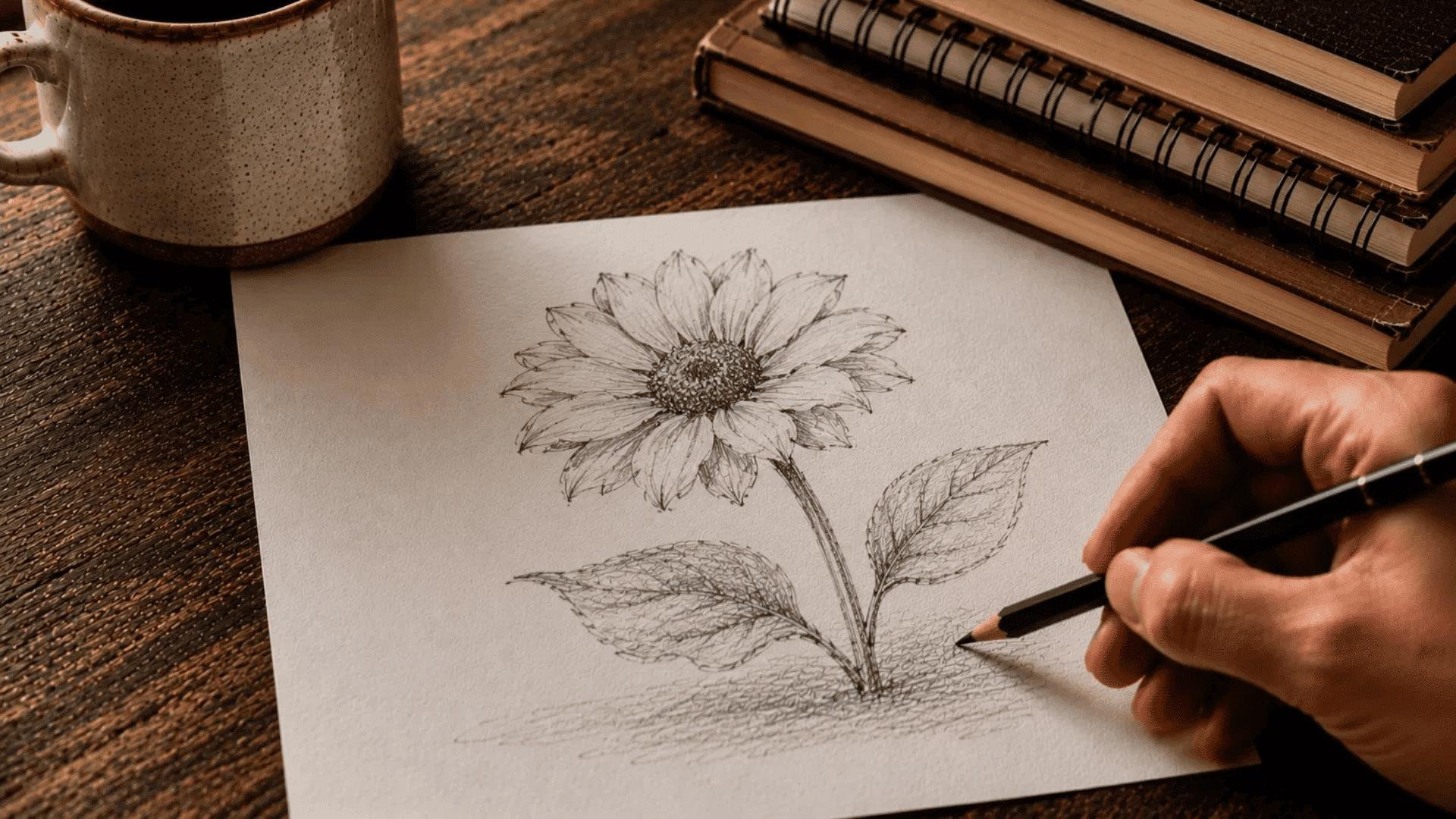hand drawing a detailed pencil sketch of a sunflower with stem and leaves on white paper