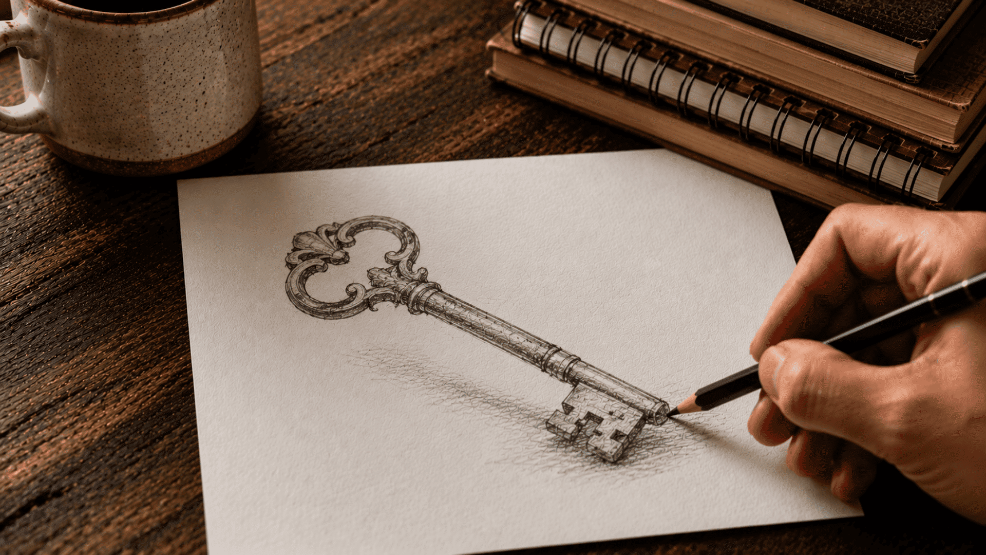 hand drawing a detailed pencil sketch of a vintage key with shading on white paper