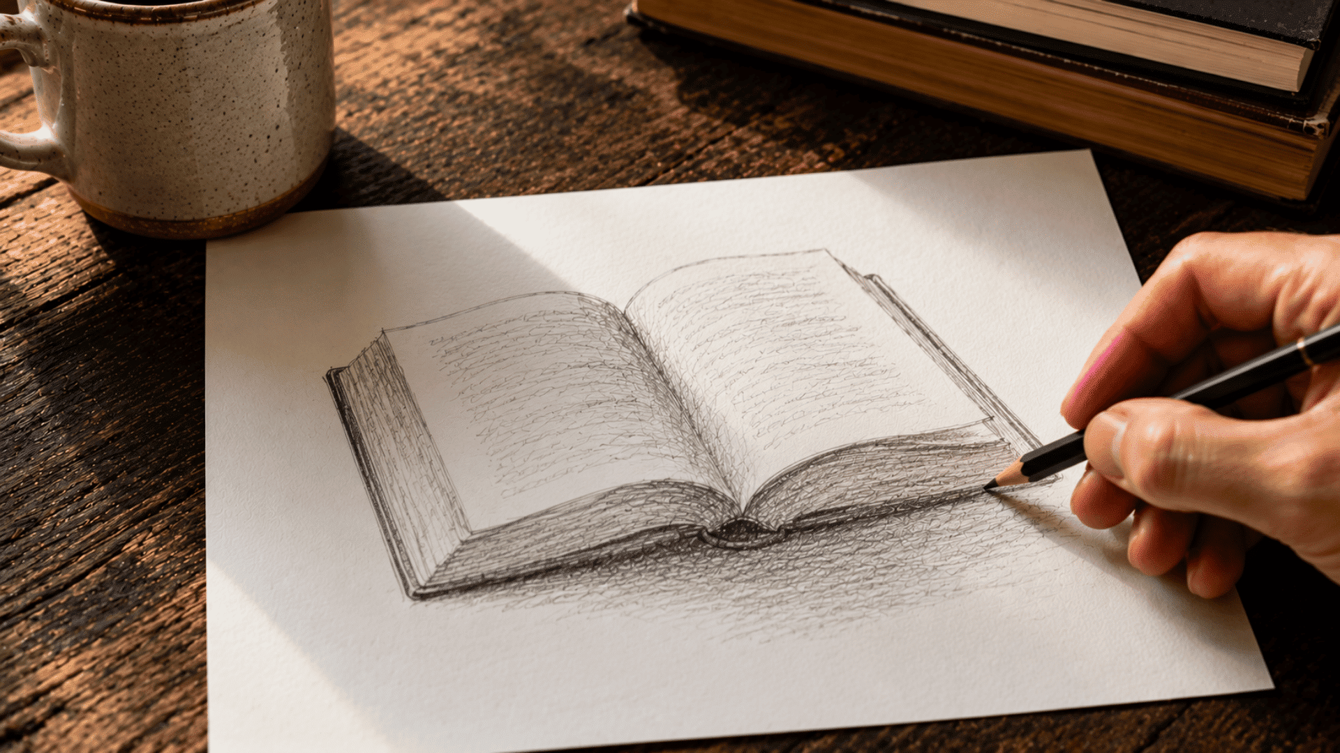 hand drawing a detailed pencil sketch of an open book with shading on white paper