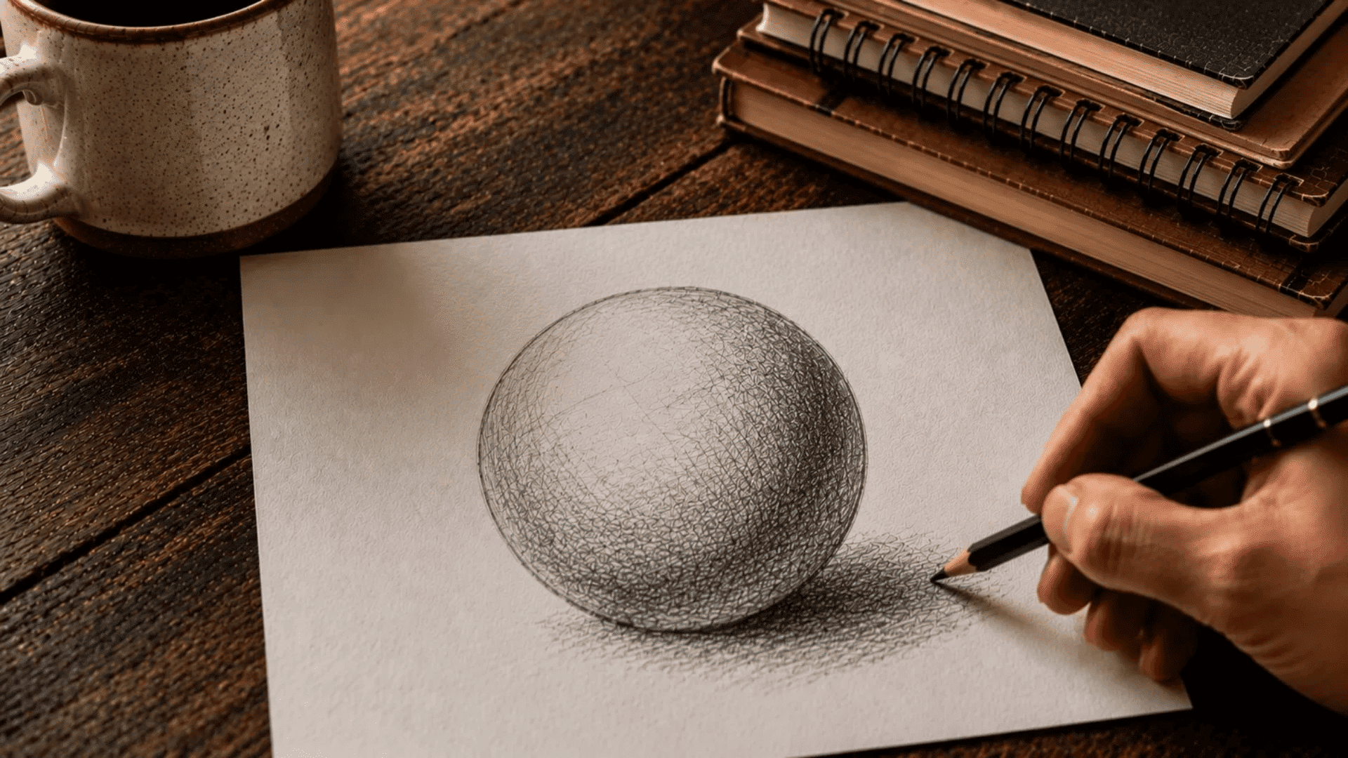 hand drawing a pencil sketch of a shaded ball with cross-hatching on white paper
