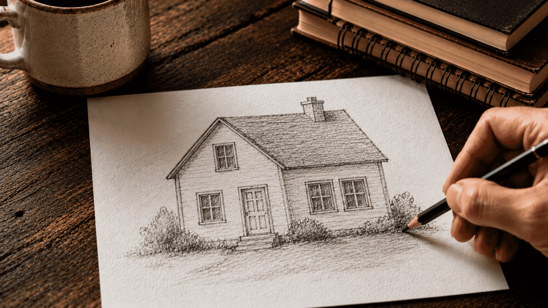 hand drawing a pencil sketch of a simple house with roof and windows on white paper