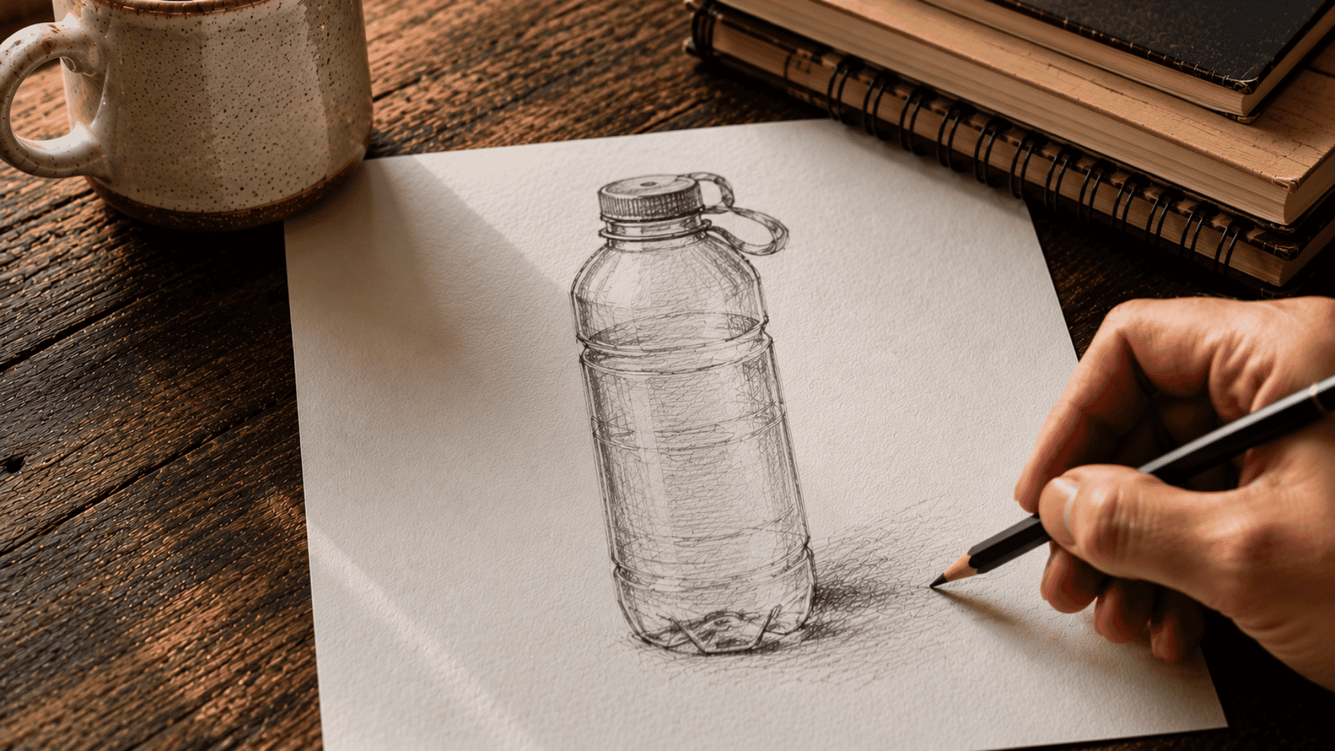 hand drawing a pencil sketch of a water bottle with shading on white paper