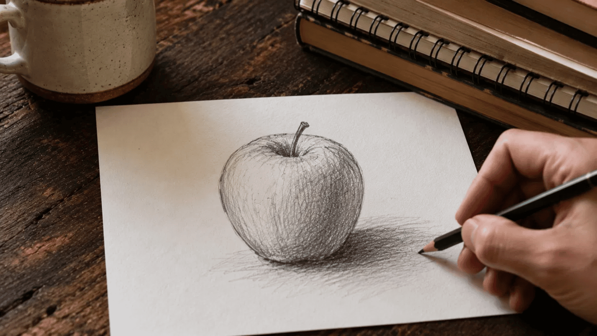 hand drawing a pencil sketch of an apple with irregular strokes on white paper