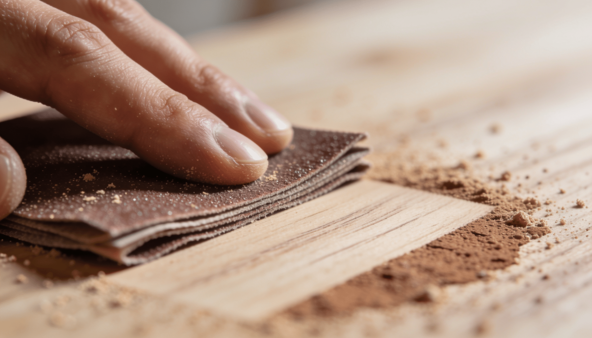 hand sanding a wooden table surface with fine-grit sandpaper to create a smooth base before whitewashing furniture