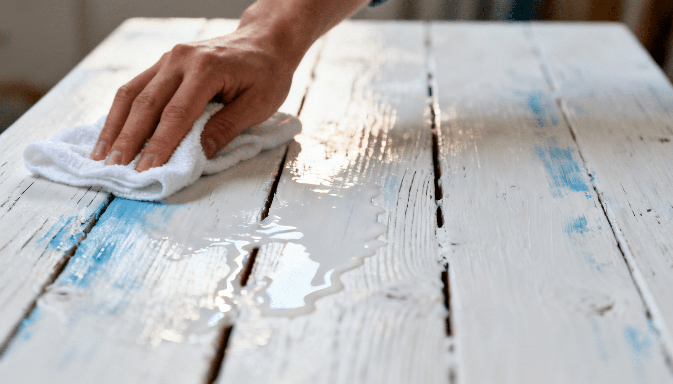 hand wiping excess whitewash from a wooden table with a lint-free cloth to create a soft farmhouse-style finish