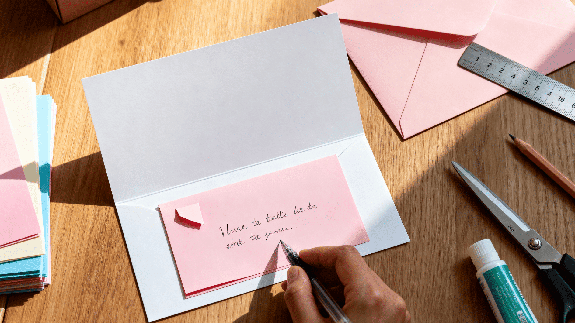 hand writes inside a white greeting card with pink inner paper, craft tools, pastel sheets, and pink envelope nearby