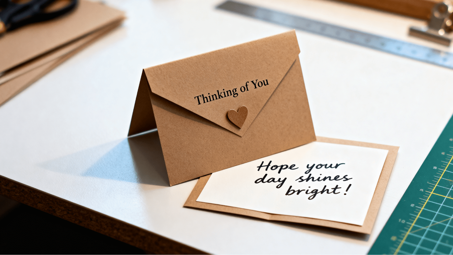 handmade kraft envelope card reading 'thinking of you' with heart seal and note 'hope your day shines bright!' on craft table