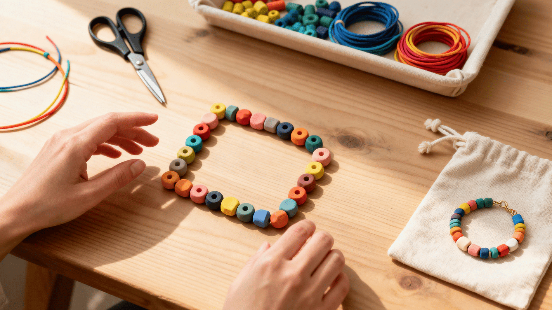 hands arranging colorful clay and glass beads into bracelet pattern on wooden table with craft tools and tray