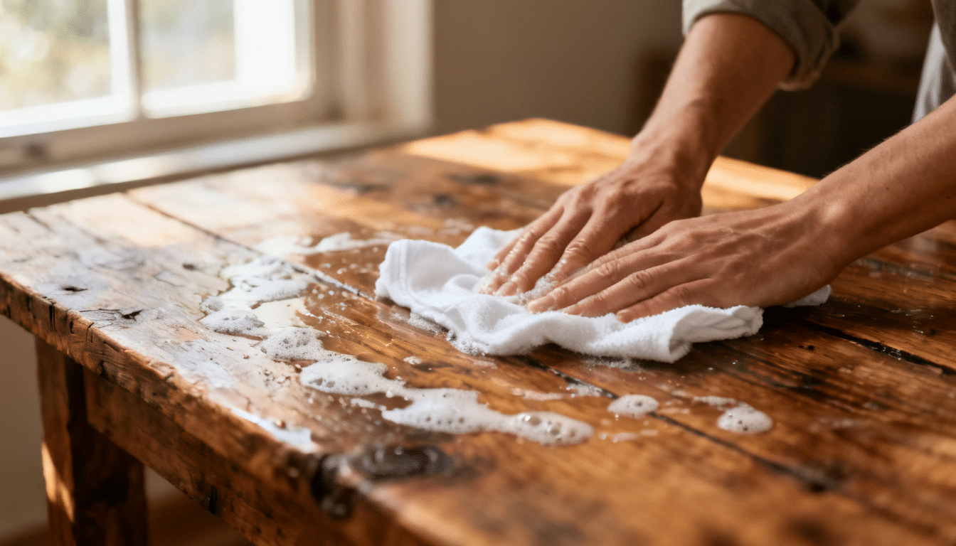 hands cleaning a rustic wooden table with a white cloth before whitewashing, near a sunlit window indoors