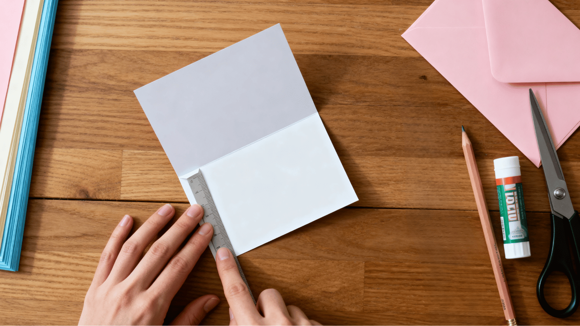 hands crease a blank white greeting card with ruler on wooden craft table beside pastel papers, envelope, pencil and glue