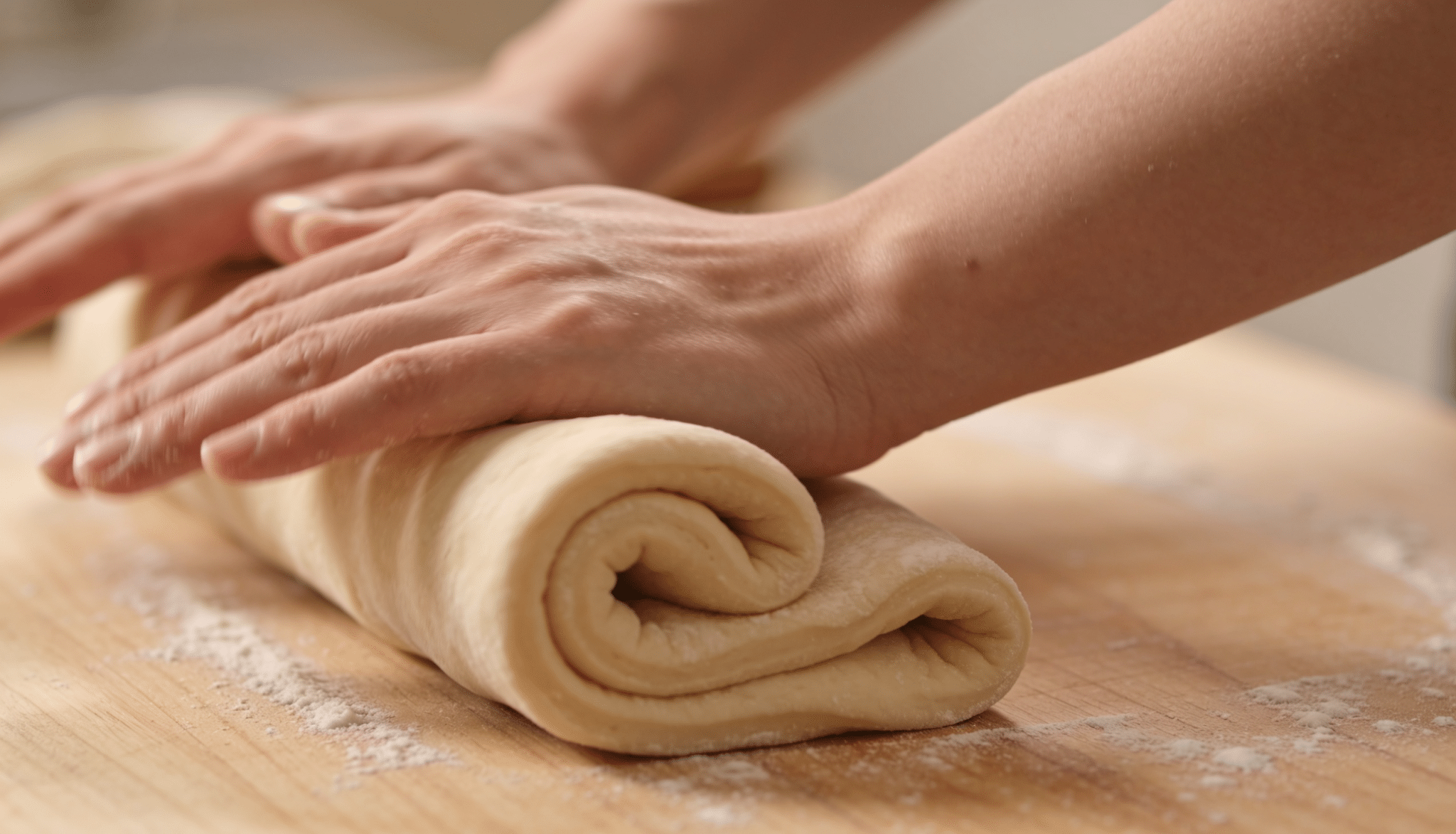 hands folding stretched dough back onto itself on a lightly floured surface during the kneading process