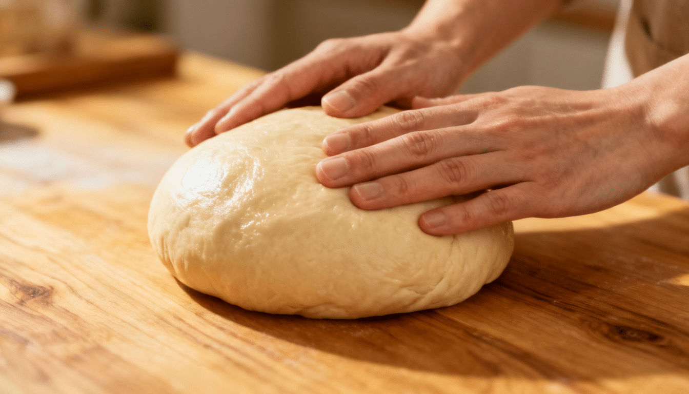hands gently pressing smooth bread dough on a wooden surface to check texture and readiness after kneading