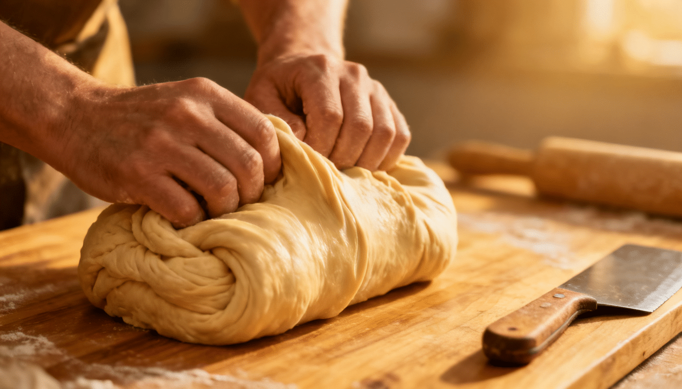 hands kneading smooth elastic dough on a wooden surface as the dough develops strength and structure for baking