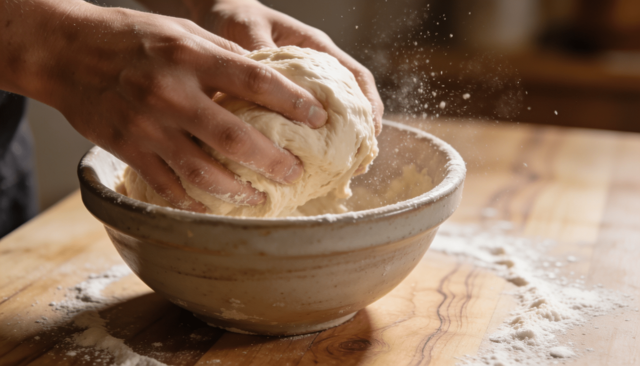 hands kneading soft bread dough in a ceramic bowl on a floured wooden surface with flour dust in the air