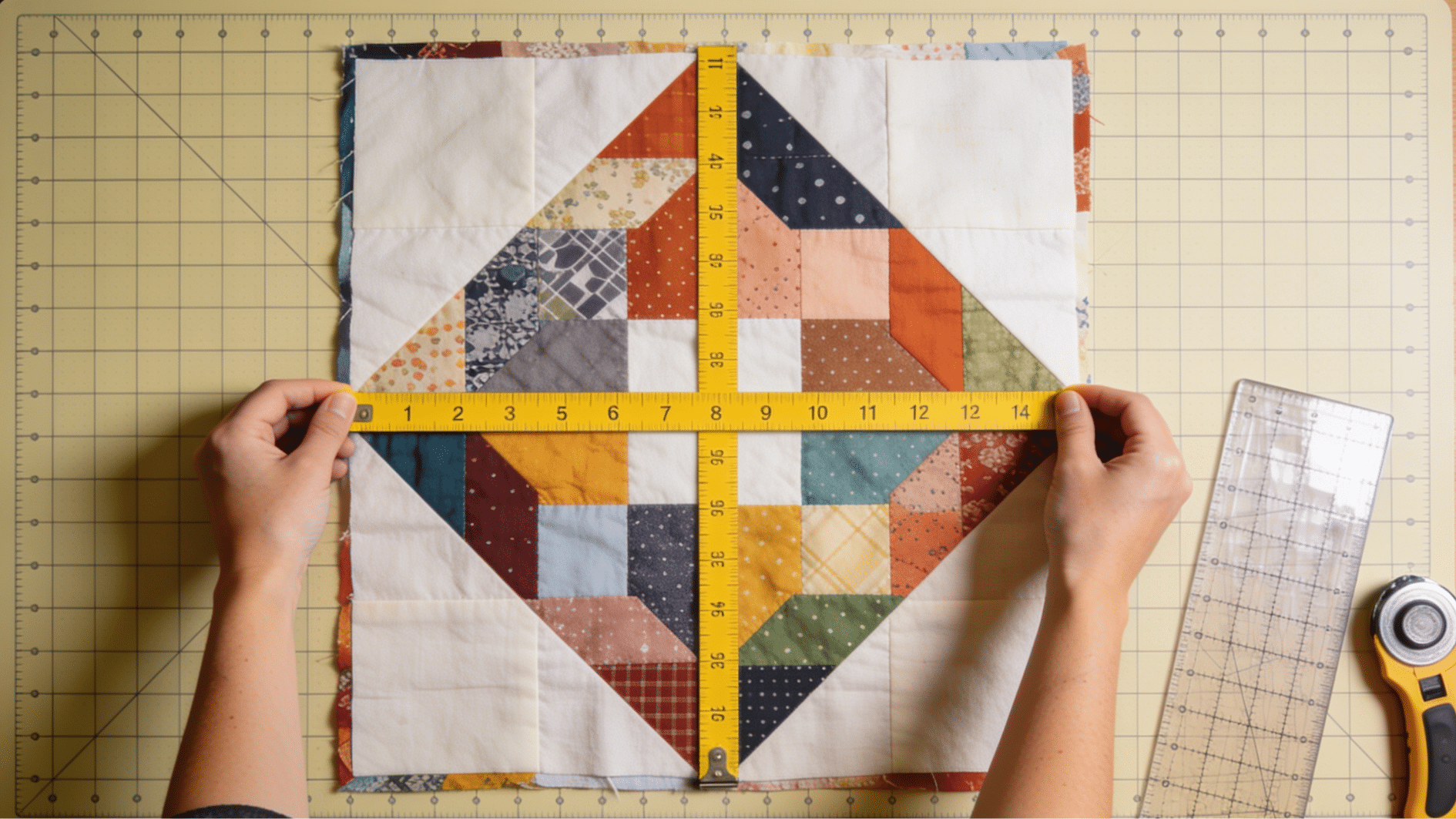 hands measuring through the center of a full quilt top laid flat on a cutting mat with ruler