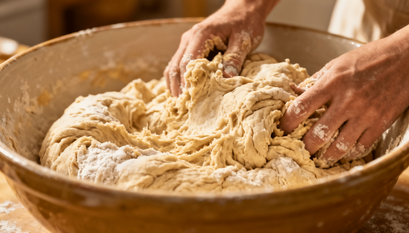 hands mixing shaggy bread dough in a large bowl as flour and liquid are combined before kneading begins
