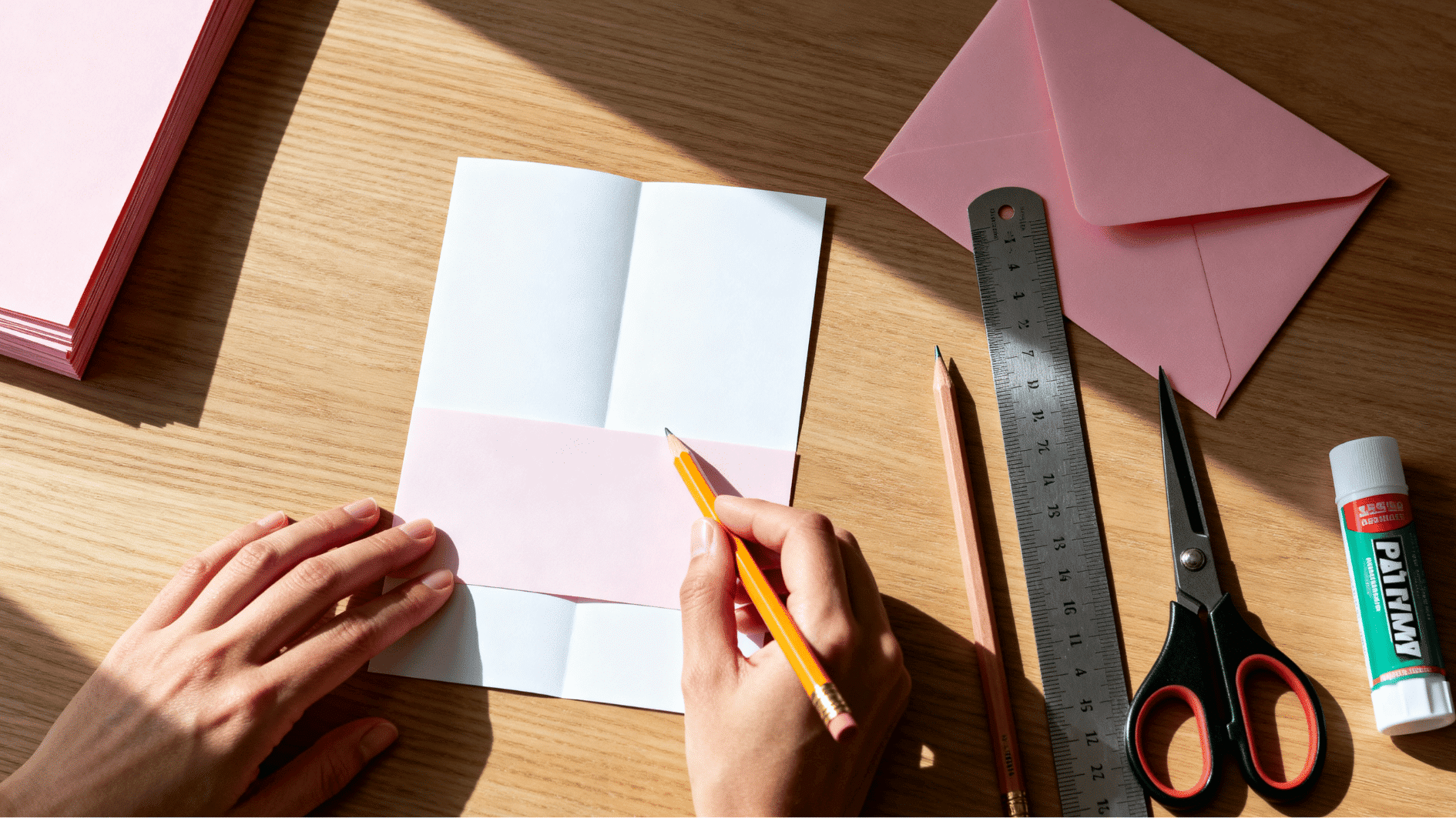 hands plan a pink paper layer on a white greeting card with ruler, pencil, scissors, glue, and pink envelope nearby